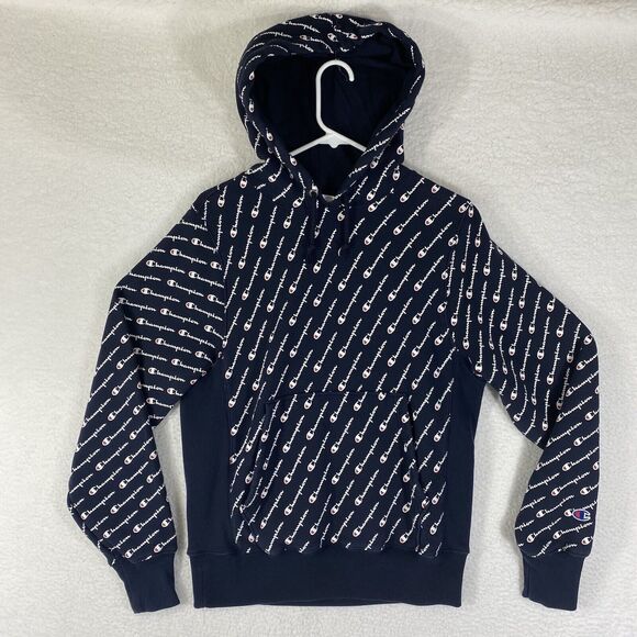 Champion Hoodie‎ Mens Sz Small Blue Sweatshirt Reverse Weave AOP Script Logo - Picture 1 of 11